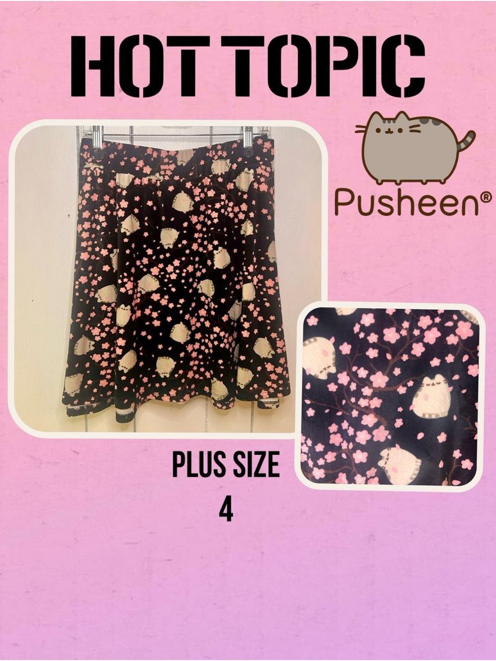 Hot Topic Black Pusheen Floral Skater Skirt Plus Size 4